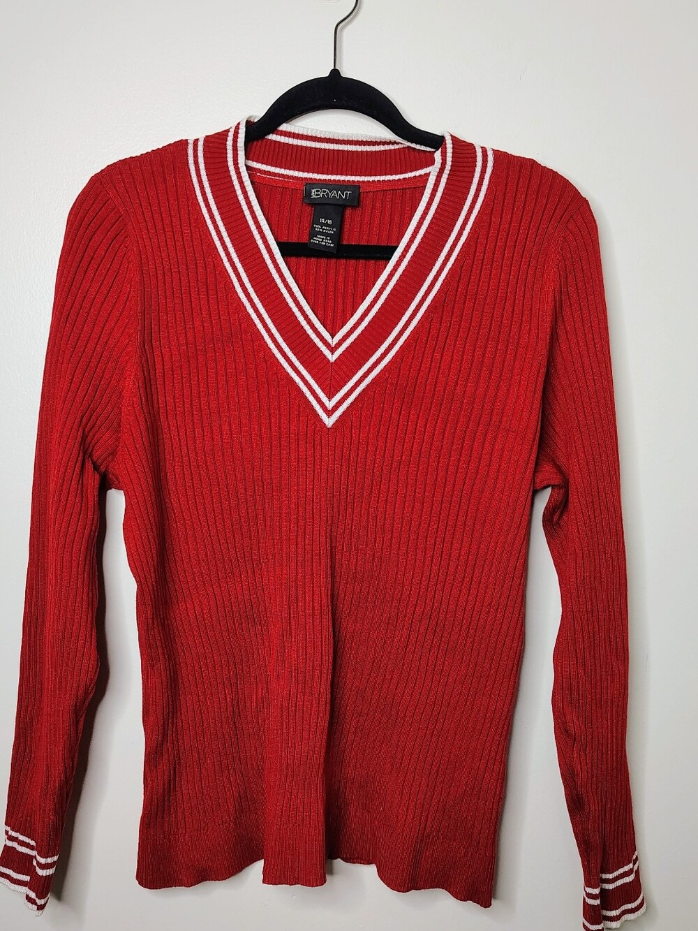 Lane Bryant Red Ribbed V Neck Sweater 14/16 White Stripe Varsity Plus Size